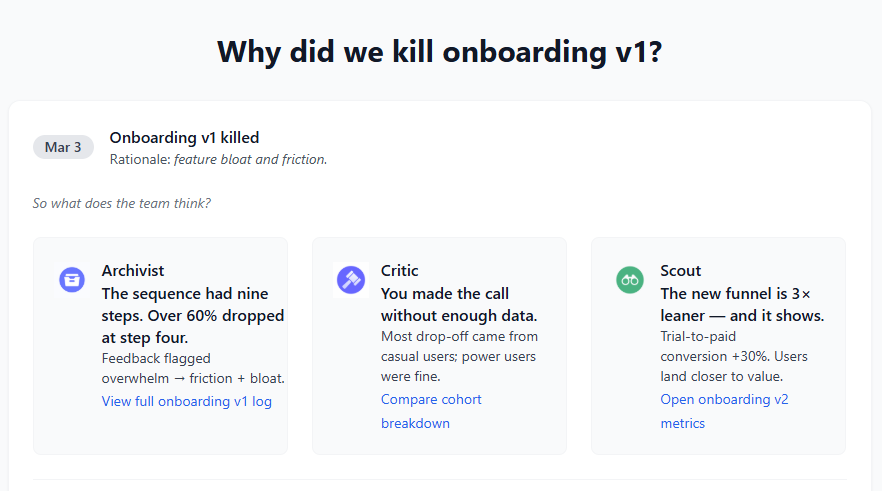 Threadbaire agents Archivist, Critic and Scout analysing why onboarding v1 was killed